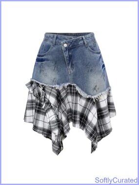 Plus Size Plaid Denim A Line Mini Skirt Distressed Asymmetrical Hem Y2K